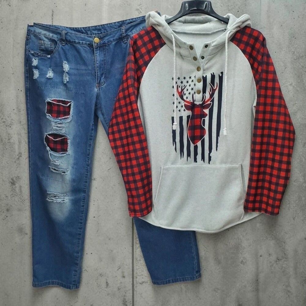 Raglan Sweatshirt Hooded and Jeans Womens XL Buffalo Plaid Flag Deer Cabincore